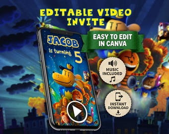 May include: A smartphone displays a birthday video invitation for Jacob's 5th birthday. The design features cartoon characters, the text "JACOB is turning 5", and the words "EDITABLE VIDEO INVITE" and "EASY TO EDIT IN CANVA". Additional icons indicate music included and instant download.
