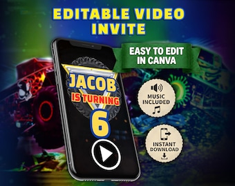 May include: A smartphone displays a birthday video invite with the text "JACOB IS TURNING 6." The design features a monster truck theme with the words "EDITABLE VIDEO INVITE" and "EASY TO EDIT IN CANVA." Includes music and instant download.