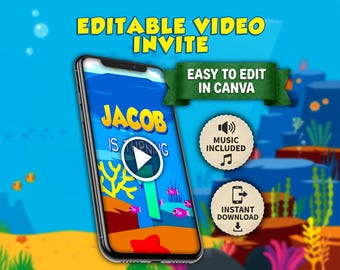 Shark animated video invitation | Editable Canva Template