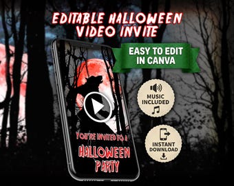 May include: A smartphone displaying an editable Halloween video invitation featuring a werewolf silhouette against a red moon. Text reads: EDITABLE HALLOWEEN VIDEO INVITE, EASY TO EDIT IN CANVA, MUSIC INCLUDED, INSTANT DOWNLOAD, YOU'RE INVITED TO A HALLOWEEN PARTY.