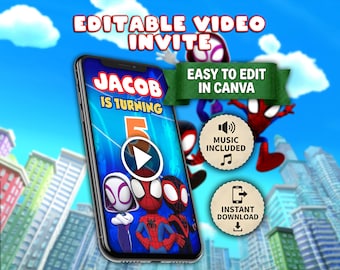 May include: A smartphone displays a birthday video invite with the text "JACOB IS TURNING 5". The invite features cartoon Spider-Man characters. The image includes the text "EDITABLE VIDEO INVITE", "EASY TO EDIT IN CANVA", "MUSIC INCLUDED", and "INSTANT DOWNLOAD".