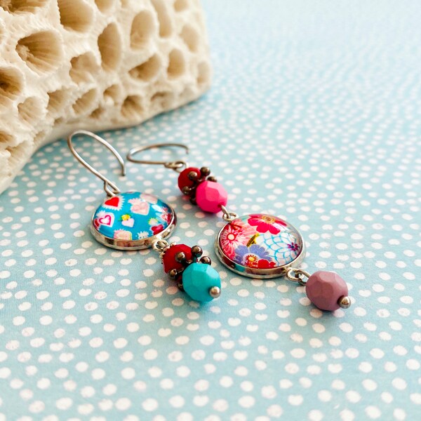 Turquoise and Red Long Mismatched Dangle Earrings