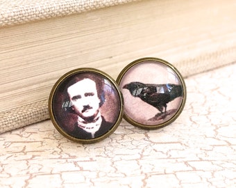 Edgar Allan Poe Raven Mismatched Antique Brass Post Earrings