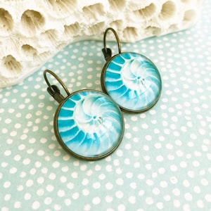 Nautilus shell earrings, blue dangle lever back earrings, handmade glass dome art jewelry, coastal, beach lover gift for her