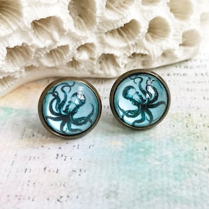 Octopus post earrings, blue octopus studs, handmade glass dome art jewelry gift for her, minimalist octopus lover gift