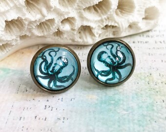 Blue Octopus Post Earrings, Glass Cab Jewelry, Octopus Jewelry, Cute Funky Colorful Minimalist Studs for Unique Gifts