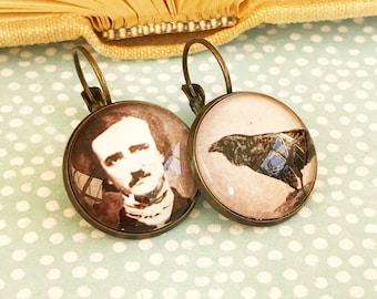 Edgar Allan Poe Gift Mismatched Raven Dangle Lever Back Earrings Handmade Jewelry Gift for Poe Lit Lover Fun Unique Quirky Earrings