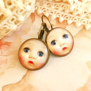 Doll face dangle earrings, unique kitschy earrings, handmade fun eclectic jewelry gift for her, statement jewelry
