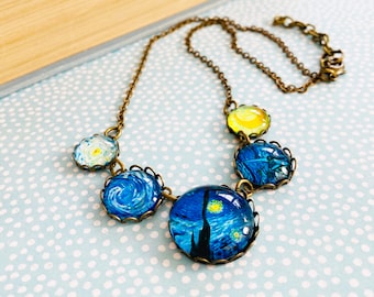 Starry Night Van Gogh Art Necklace, Glass Cab Blue Necklace for Women, Unique Statement Gift Necklace