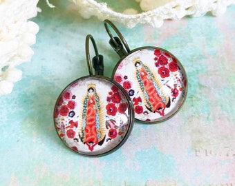 Virgin Mary dangle earrings, Religious Lady of Guadalupe jewelry, Saint w/ Red flowers on gold, silver or bronze drop earrings handmade gift