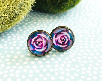 Pink and Purple Succulent Plant Glass Dome Stud Post Earrings, Colorful Minimalist Plant Flower Unique Small Jewelry Gift for Her