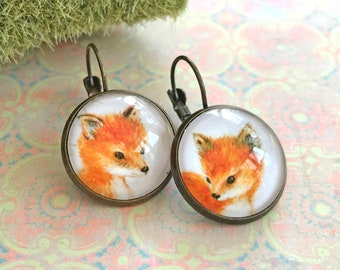 Mismatched fox bronze lever back dangle earrings, Fox jewelry for women, Unique gift for mom, sister, friend, girlfriend, Glass art jewelry