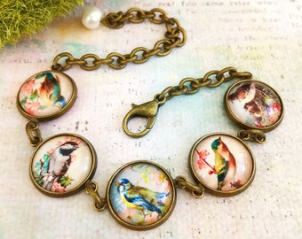 Vintage Birds Bracelet Bird Lover Jewelry Gift Bracelet with Blue and Yellow Birds for Women, Mom Wife Teacher Sister Friend Girlfriend