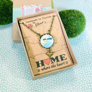 Map necklace, home is where the heart is gift for student, daughter, friend, heart charm, handmade glass cab art pendant