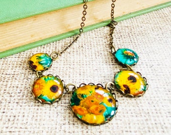 Handmade Sunflowers by Vincent Van Gogh Art Necklace, Conversation Piece Statement Jewelry Gift for Art Lover, Mom, Wife, Artist