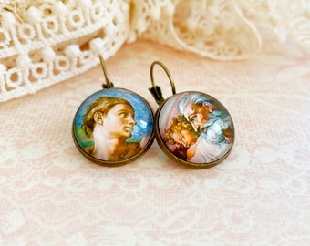 Creation of Adam by Michelangelo Art Dangle Earrings, Handmade Mismatched Glass Dome Earrings, Eclectic Statement Jewelry Gift for Art Lover