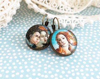 Mismatched Picture Dangle Earrings, Birth of Venus Painting Glass Dome Art Earrings, Conversation Piece, Jewelry Gift for Artist, Mom, Wife
