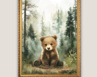 Woodland Bear Printable Art, Nursery Wall Decor, Kids Room Art, Forest Animal Print, Baby Bear Digital Download, Woodland Nursery Decor