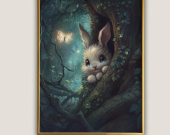 Bunny Nursery Wall Art, Cottagecore Rabbit Decor, Woodland Art, Baby Animal Decor, Bunny Boho Portrait Print, Light Academia