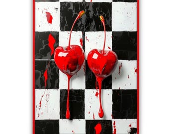 Cherry Wall Art, Pop Art Print, Checkerboard Digital Print, Kitchen Decor, Modern Pop Art Style, Vibrant Gothic Printable