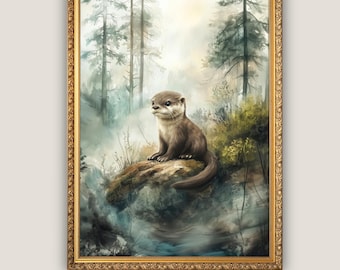 Otter Wall Art, Nursery Woodland Animals, River Otter Print, Kids Room Wall Decor, Wildlife Painting, Sea Otter Printable