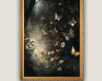 Moth Art Print, Butterflies Wall Art, Insect Illustration, Dark Academia Poster, Moody Cottagecore, Botanical Printable, Gothic Painting