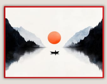 Red Sunset Painting, Abstract Geometric Print, Minimalist Modern Wall Art, Nordic Painting, Skandi Prints,  Black and White Wall Decor