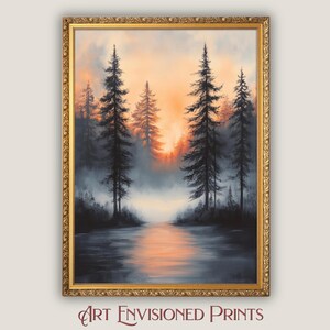 Pine Trees Art, Nature Themed Decor, Sunrise Printable, Forest Landscape Wall Art, Foggy Woods, Landscape Oil Painting Original