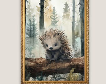Porcupine Wall Art, Nursery Woodland Animals, Baby Porcupine Print, Kids Room Wall Decor, Wildlife Painting, Rustic Farmhouse Printable