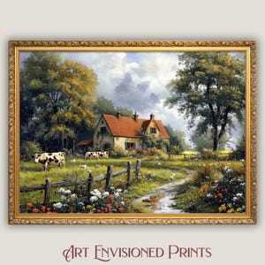 Cottagecore Wall Decor, Rustic Farmhouse Print, Vintage Landscape Art, Countryside Wall Art, Quaint Painting, Pastoral Print