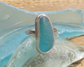 Long English Aqua Teal Sea Glass Taper Size 6.25 Ring Deep Aqua  .935 Sterling Argentium Silver