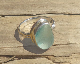 English Light Variegated Blue Size 8.25 Seaham English Multi Genuine Sea Glass Ring .925 Sterling Silver 8 1/4