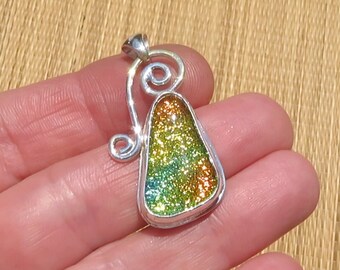 Sunshine Citrus Dichroic Sterling Silver Fused Glass  .935 Argentium Pendant Lemon Lime Orange  OOAK