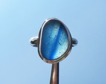 Striped Blue Multi Size 7.5 Seaham English Multi Genuine Sea Glass Ring .935 Argentium Sterling Silver 7 1/2