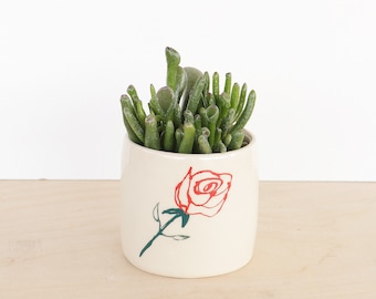 Maceta de cerámica con ilustración de rosas, maceta de cactus con drenaje, maceta interior para suculentas