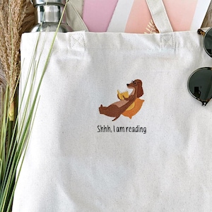 Tragetasche Dackel Geschenke Leseratte Dachshund bestickte Geschenke Buchliebhaber Jutebeutel Dackel lesen Geschenk Freundin Hunde Mama