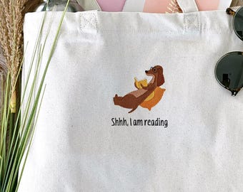 Tragetasche Dackel Geschenke Leseratte Dachshund bestickte Geschenke Buchliebhaber Jutebeutel Dackel lesen Geschenk Freundin Hunde Mama