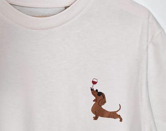 Dackel T-Shirt bestickt | Geschenk Hundeliebhaber, Hunde Mama & Papa | Hunde T-shirt | Geburtstagsgeschenk Dackel | Wein liebhaber Geschenke