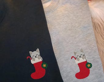 Weihnachtspullover Katze bestickt | Katzen Pullover Weihnachten | Weihnachts Sweatshirt | Geschenk für Katzenliebhaber Familie Freunde Damen