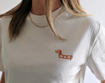 Dackel T-Shirt bestickt | Geschenk Dackelliebhaber & Hundemama | Damen Shirt Hunde Motiv | Geburtstagsgeschenk Hundebesitzer Hundeliebhaber