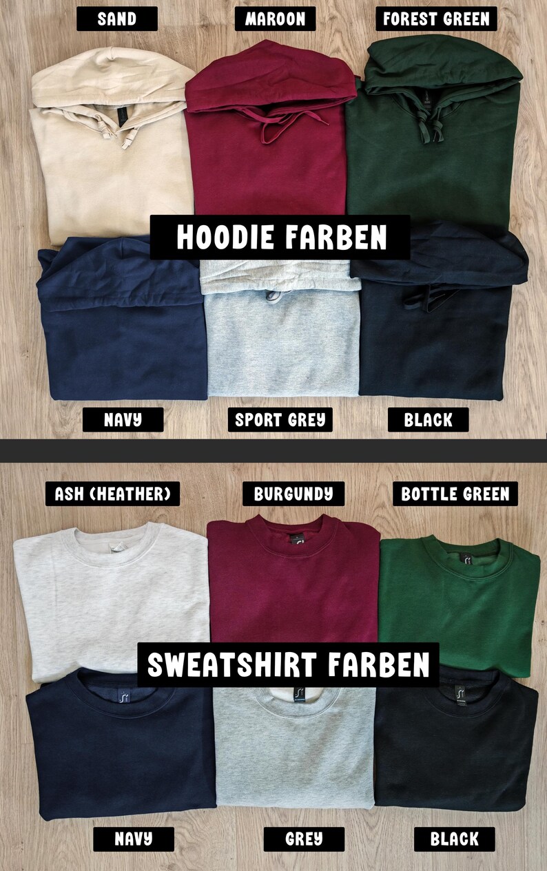 Op de afbeelding: Een collectie hoodies en sweatshirts in diverse kleuren. Het bovenste gedeelte toont hoodies met de labels Sand, Maroon, Forest Green, Navy, Sport Grey en Black met de tekst HOODIE FARBEN. Het onderste gedeelte toont sweatshirts met de labels Ash, Burgundy, Bottle Green, Navy, Grey en Black met de tekst SWEATSHIRT FARBEN.