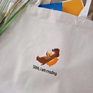 Tragetasche Dackel Geschenke Leseratte Dachshund bestickte Geschenke Buchliebhaber Jutebeutel Dackel lesen Geschenk Freundin Hunde Mama imagen 2