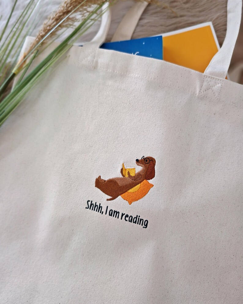 Tragetasche Dackel Geschenke Leseratte Dachshund bestickte Geschenke Buchliebhaber Jutebeutel Dackel lesen Geschenk Freundin Hunde Mama imagen 2