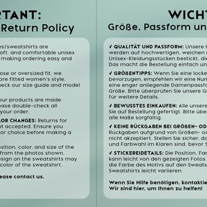 Op de afbeelding: Een lichtgroene informatieve afbeelding met twee kolommen tekst. De linkerkant is getiteld IMPORTANT: Size, Fit, and Return Policy, met details over borduurwerk, maten en retourbeleid. De rechterkant is getiteld WICHTIG: Gr&ouml;&szlig;e, Passform und R&uuml;ckgaberecht.
