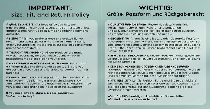Op de afbeelding: Een lichtgroene informatieve afbeelding met twee kolommen tekst. De linkerkant is getiteld IMPORTANT: Size, Fit, and Return Policy, met details over borduurwerk, maten en retourbeleid. De rechterkant is getiteld WICHTIG: Gr&ouml;&szlig;e, Passform und R&uuml;ckgaberecht.