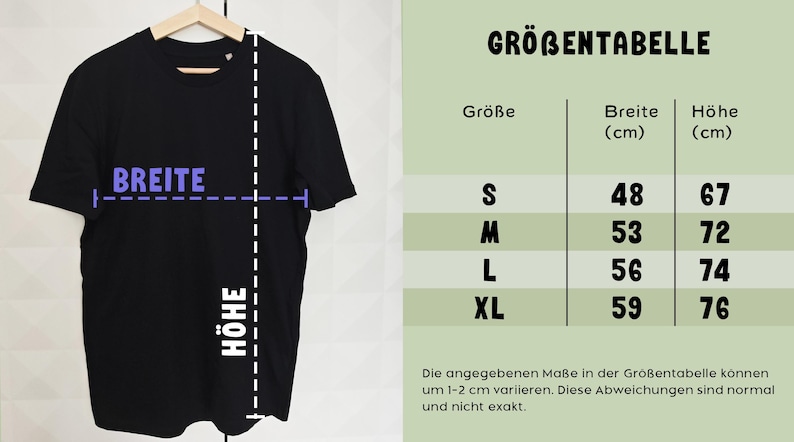 May include: Black t-shirt hanging on a wooden hanger. The image includes a size chart with measurements in centimeters: S (48 cm width, 67 cm height), M (53 cm width, 72 cm height), L (56 cm width, 74 cm height), and XL (59 cm width, 76 cm height).
