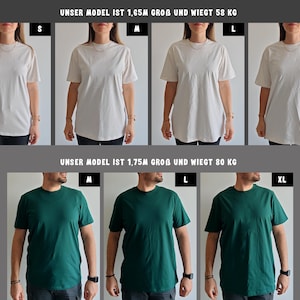 May include: A product image showcasing t-shirts in various sizes, modeled by individuals. The top row features a woman modeling cream-colored shirts in sizes S, M, L, and XL. The bottom row shows a man modeling green shirts in sizes M, L, and XL.