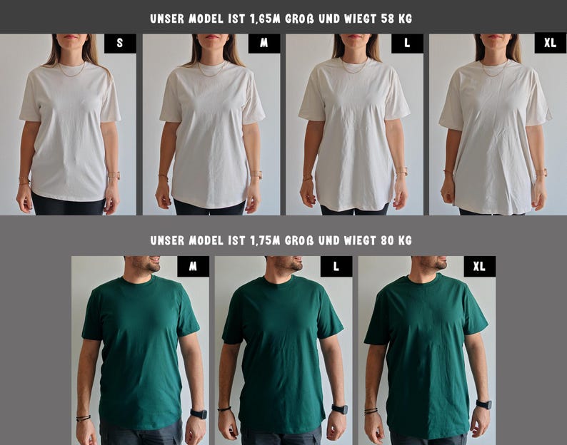 May include: A product image showcasing t-shirts in various sizes, modeled by individuals. The top row features a woman modeling cream-colored shirts in sizes S, M, L, and XL. The bottom row shows a man modeling green shirts in sizes M, L, and XL.
