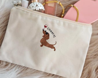 Kosmetiktasche Dackel bestickt | Geschenk für Hundeliebhaber & Hundemama | Schminktasche süßer Hund | Makeup Tasche Hunde Motiv Geburtstag