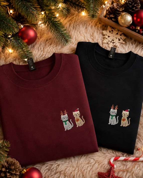 Weihnachtspullover Katzen bestickt | Lustiger Katzen Hoodie Weihnachten | Geschenk für Katzenliebhaber | Damen Herren Familie & Freunde Xmas